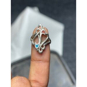 Sterling Silver Double Heart Ring: Crushed Turquoise & Coral Inlay Boho size 5